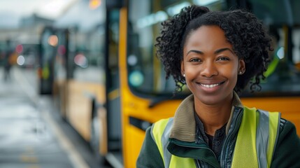 A smiling black woman bus driver standing in front of the camera