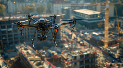 Drone Inspecting Construction Site with Buildings and Cranes in the Background