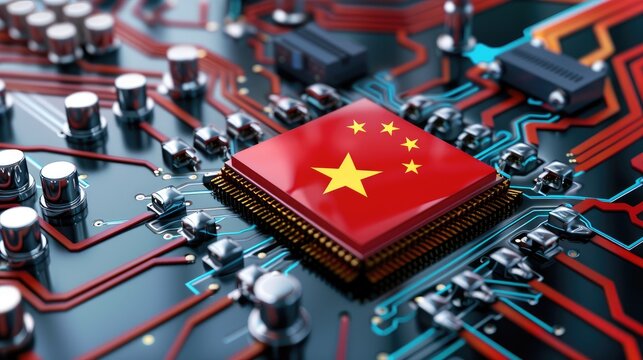 Chinese microchip with the flag of China, AI GPU parallel computing silicon wafer semiconductor industry