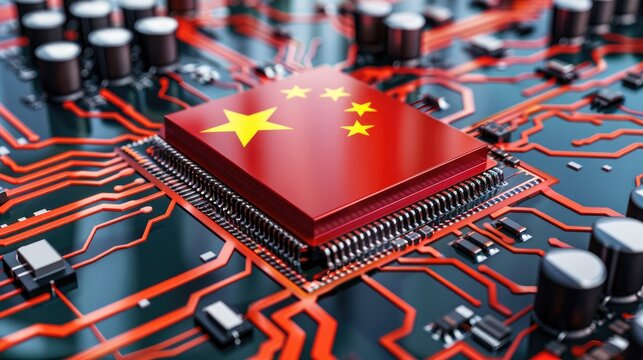 Chinese microchip with the flag of China, AI GPU parallel computing silicon wafer semiconductor industry
