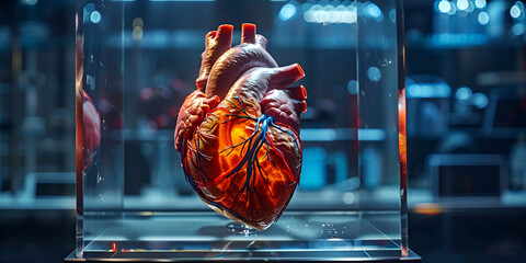 
A 3D model of a human heart is displayed on a virtual reality screen providing medical students with a realistic and interactive way to study its different chambers and valves, generative AI