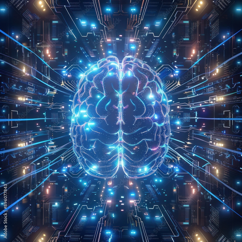 Poster neural brain circuitry emitting vibrant technological pulses.
