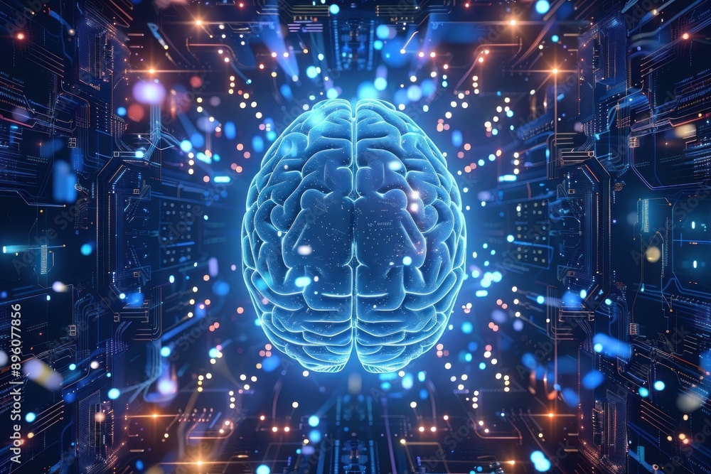 Poster tech-imbued brain with glowing connective nodes
