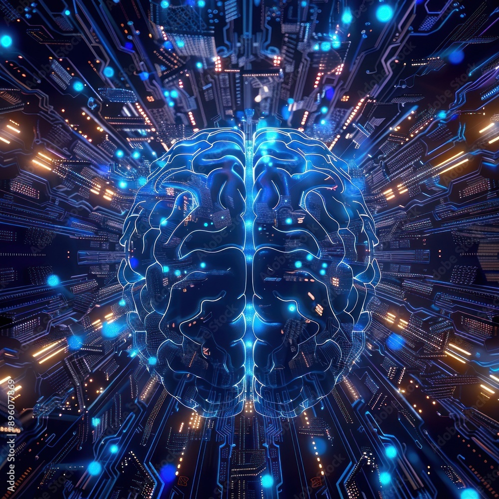 Poster cybernetic brain linked by bright digital circuitry pathways.