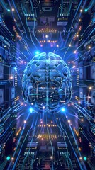 Obraz premium A futuristic brain entwined with blue electric wires, glowing.
