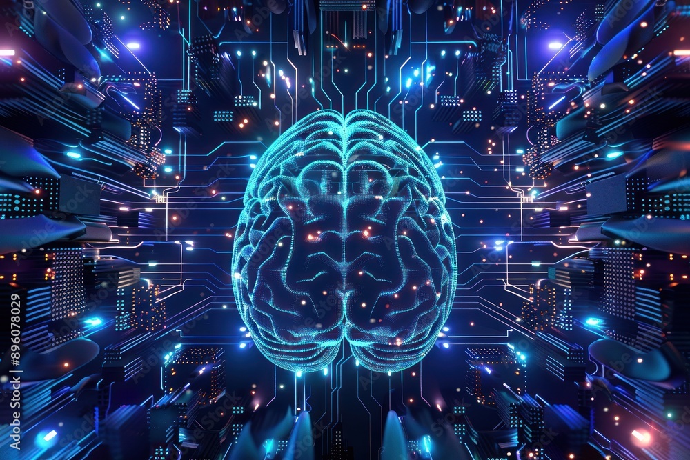 Poster illuminated brain floating in a futuristic digital space
