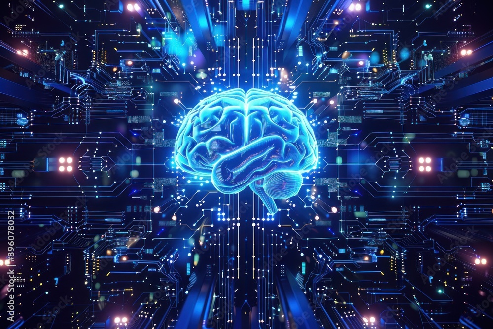 Poster technological brain with circuits and luminous lights