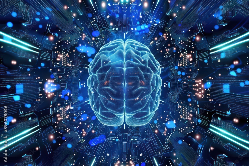 Poster artificial brain in cybernetic matrix surrounded by lights
