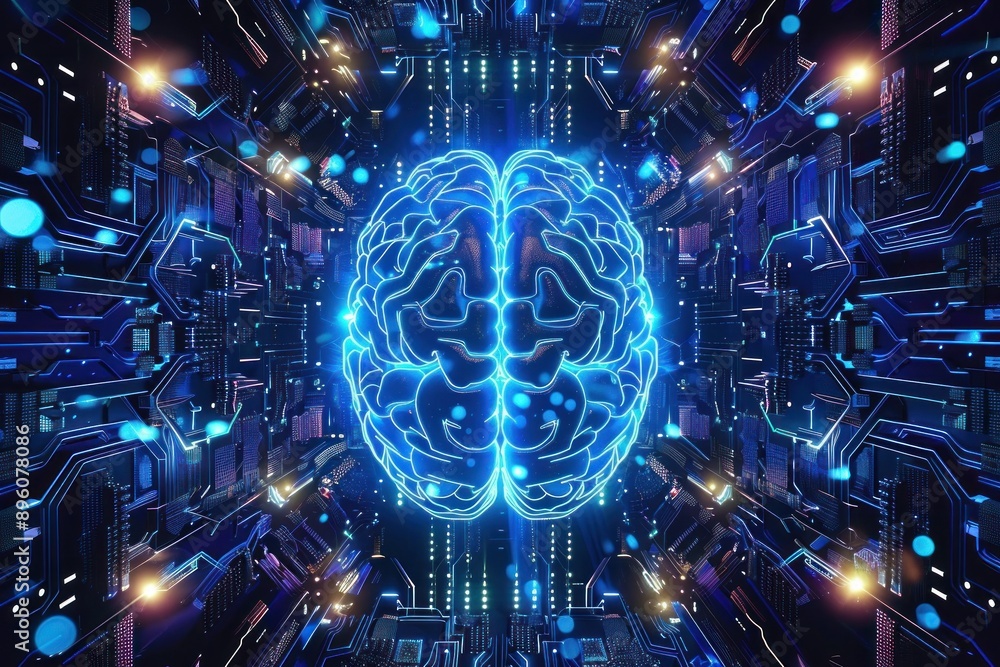Poster symmetrical glowing brain within high-tech circuitry