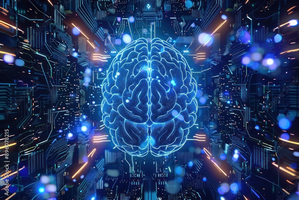 Poster neural brain immersed in shining circuits and lights