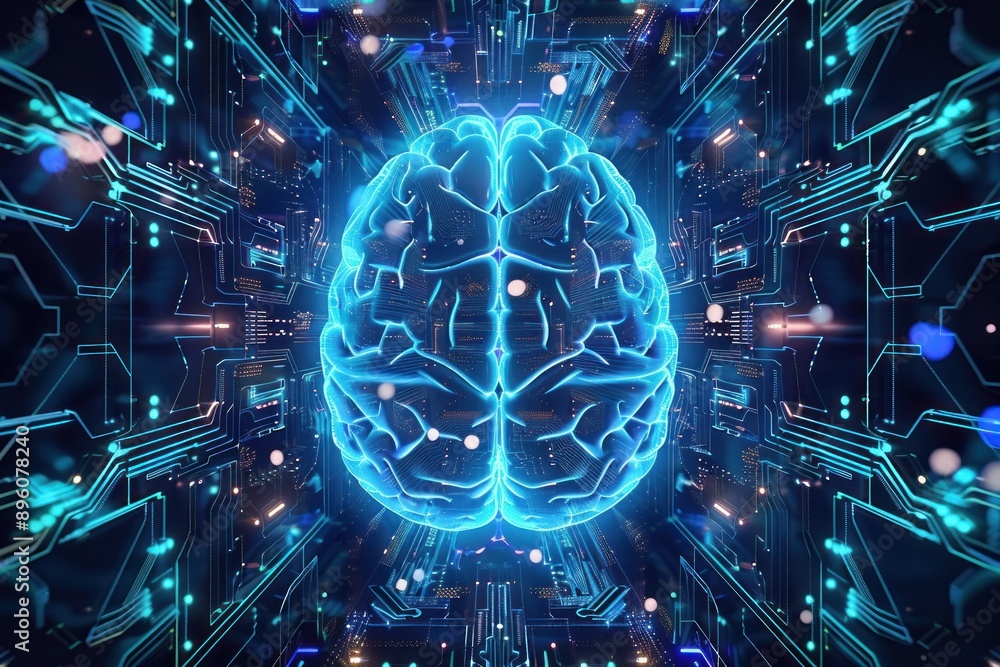 Poster bright neural brain in an intricate digital network