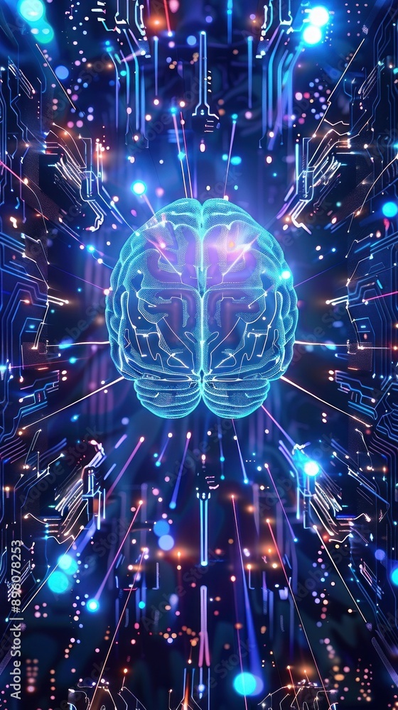 Poster glowing abstract brain with futuristic circuit design