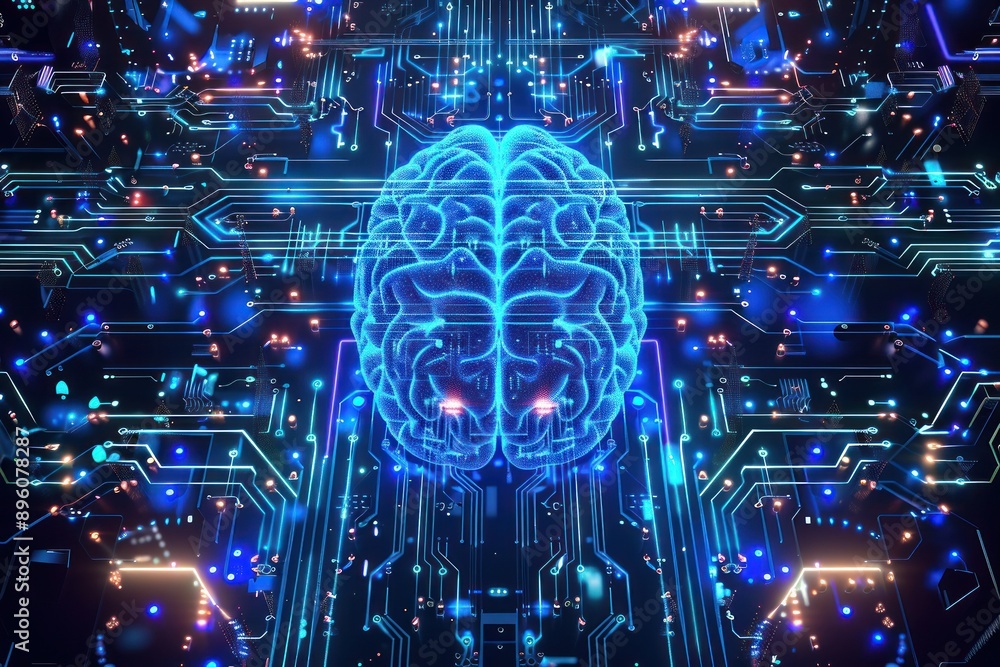 Poster futuristic digital brain within a complex circuit layout