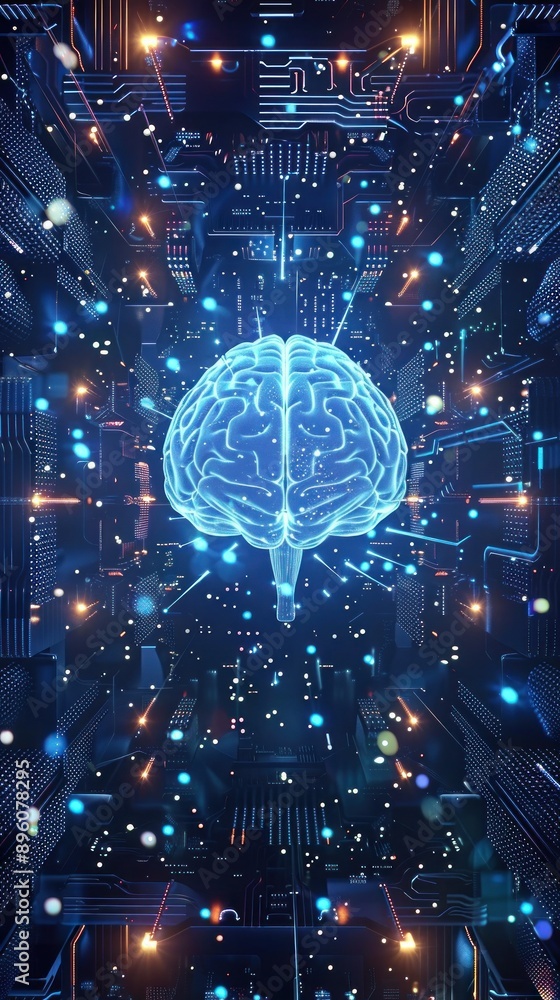 Poster digital brain with circuits and glowing particles in blue.