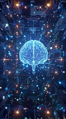 Digital brain with circuits and glowing particles in blue.