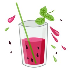 Watermelon juice, smoothiesб cocktails. Summer refreshing drink mint and ice. vector illustration