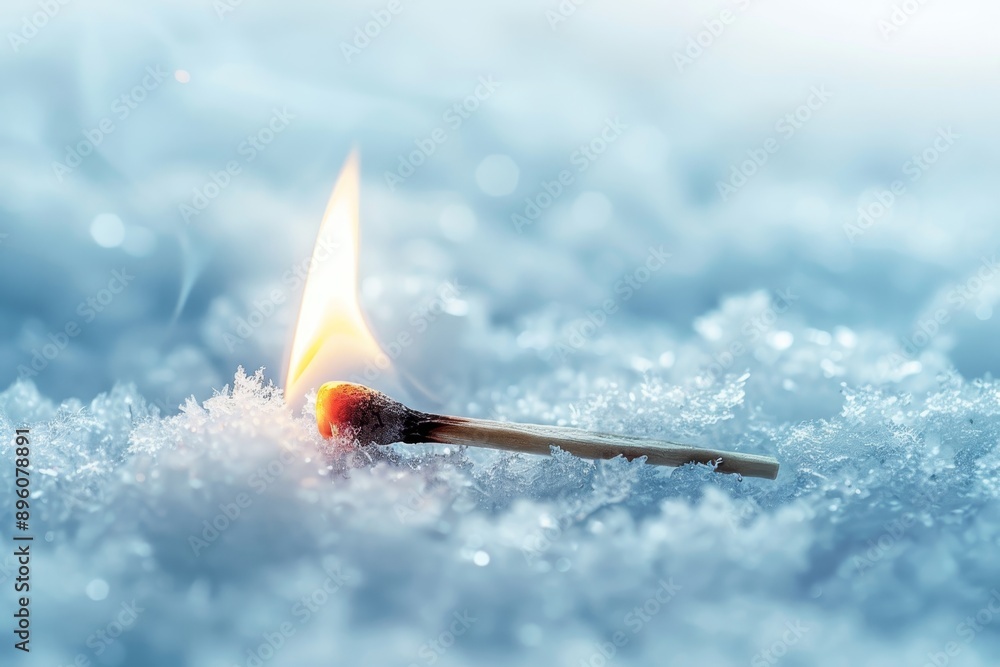 Poster symbolic representation of ice melting with a matchstick burning in snow on a white background