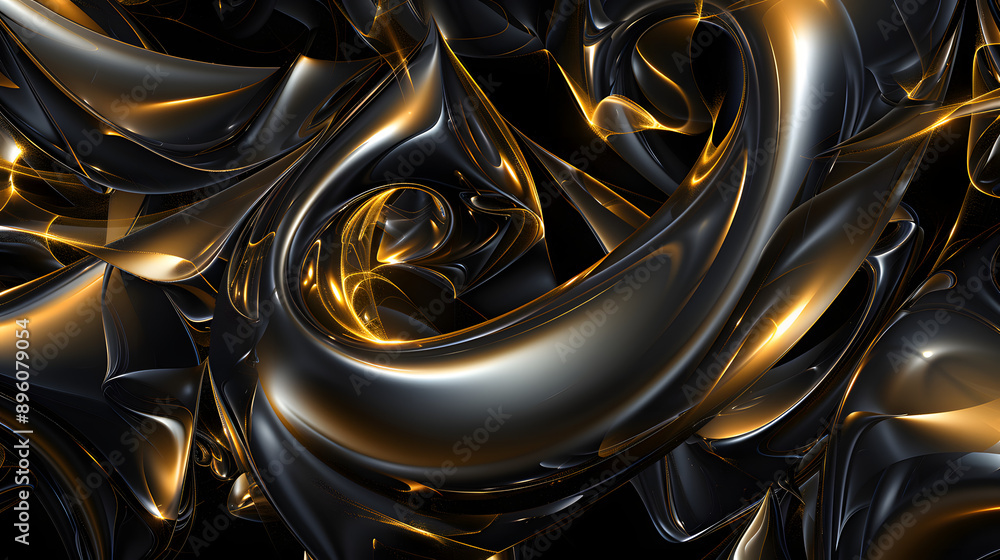 Poster a futuristic abstract design featuring black and gold perforated mesh with intricate textures and dy