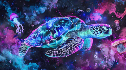 Mesmerizing sea turtle in a galactic colorful background