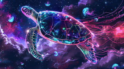 Cosmic turtle swims through glowing space