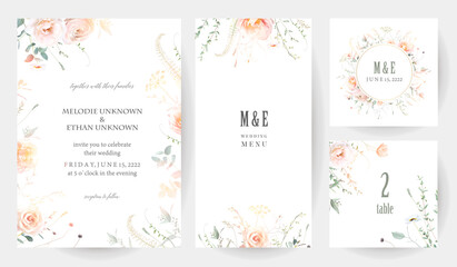 Herbs, branches and rose flowers vector frames. Hand painted branches, leaves on white background. Greenery wedding simple minimalist invitations. Watercolor cards. Elements are isolated and editable