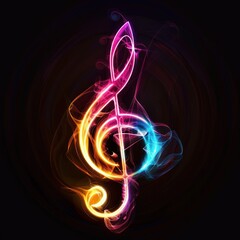 Glowing multi-colored treble clef on dark background