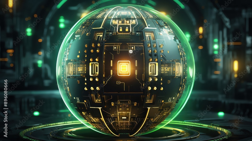Aufkleber A futuristic digital sphere with intricate patterns and glowing elements, showcasing advanced technology in a sci-fi setting.