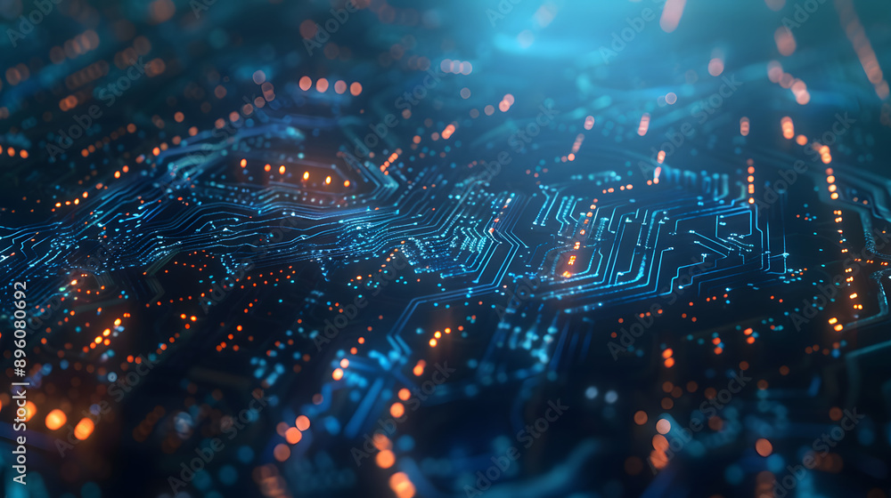 Poster a close-up view of a futuristic circuit board with glowing paths, symbolizing advanced technology an