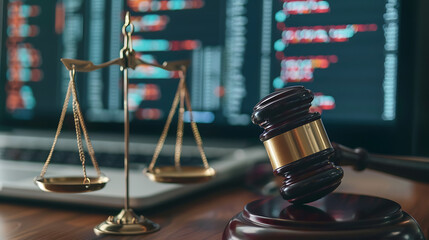Gavel And Scales Of Justice With Digital Background. Generative AI Illustration.