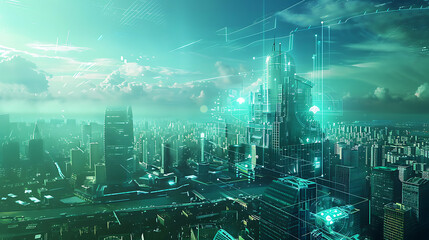Futuristic Cityscape with Digital Overlays and Skyline. Generative AI Illustration.