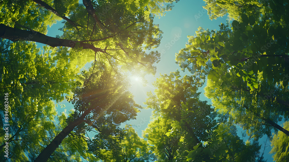 Poster sunlight filtering through a lush forest canopy, creating a vibrant and refreshing atmosphere with g
