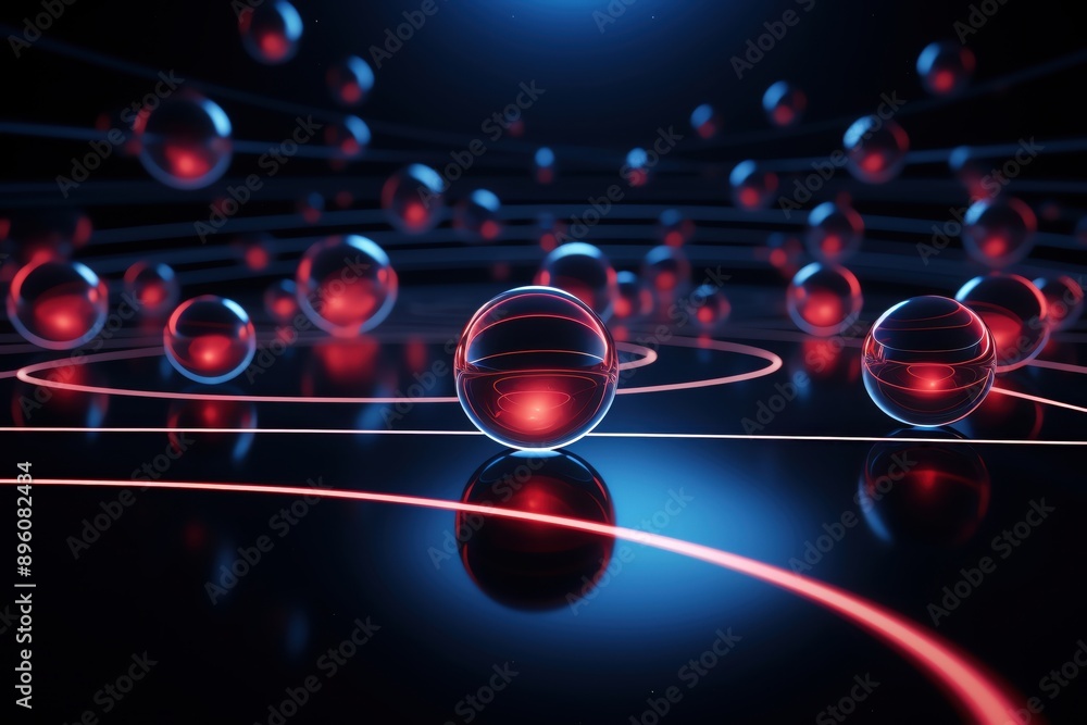 Poster abstract composition featuring glowing spheres and lines in a dark space, creating a futuristic and 