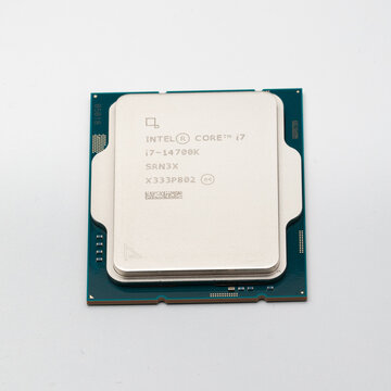 Intel 14th generation processor on white background. Model name I7-14700k is visible on the top of the cover.
