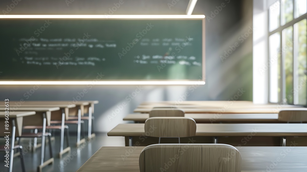 Poster empty classroom with sunlight streaming through window