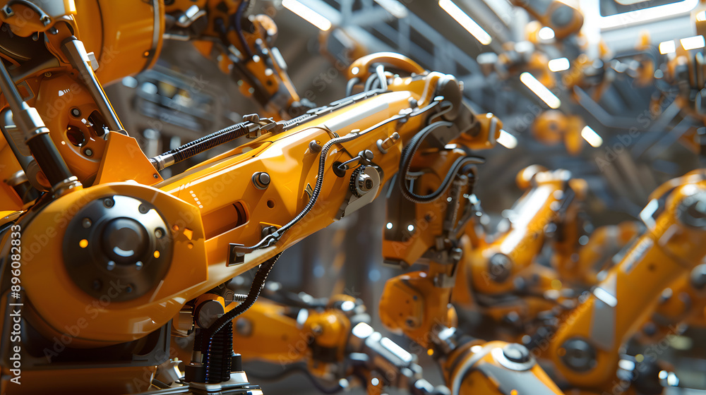 Poster detailed view of yellow robotic arms in a modern factory, emphasizing advanced automation and precis