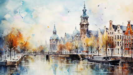 Fototapeta premium Amsterdam - Painting, Gouache, cityscape, watercolor, painting, Europe, autumn, river, canal, reflection, architecture, historic, church, sky, urban, bridge, scenic, colorful, art