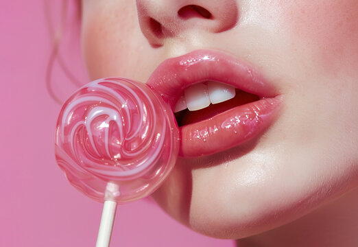 Beautiful and sensual female lips with lollipop