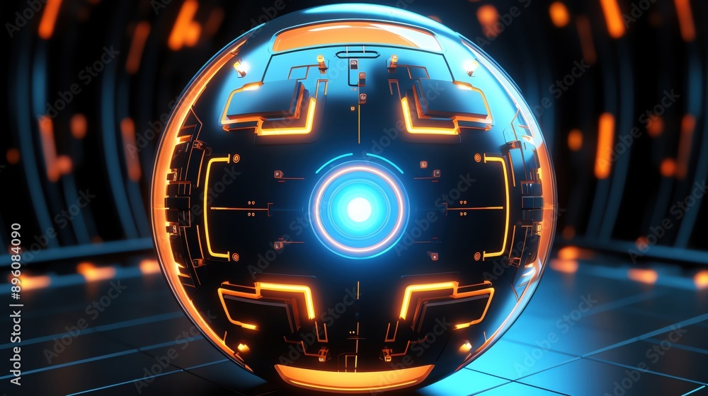 Poster futuristic glowing sphere with intricate patterns and vibrant colors, set against a dark tech-inspir