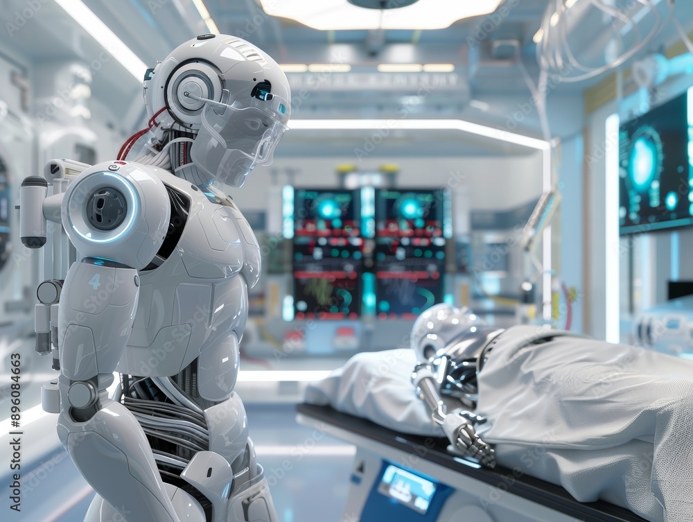 Poster futuristic ai robot in mlb 3d rendering for prosthetic healthcare and biomedical technology
