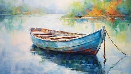 Obraz premium Boat - Painting, Gouache, boat, water, lake, reflection, autumn, painting, watercolor, nature, serene, tranquility, calm, oar, wooden boat, outdoor, scenic, colorful, art