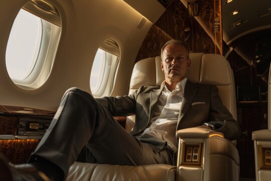 Successful entrepreneur traveling in first class private jet for business meeting, luxury lifestyle