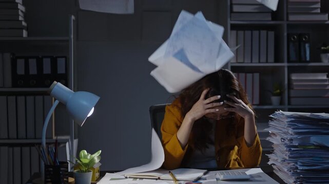 Frustrated office worker overwhelmed by stacks of paperwork, tossing papers in stress. Office setting with files and desk lamp