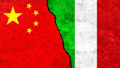 China and Italy flag together on wall. Italy China relations, economy, friendship, conflict, trade concept