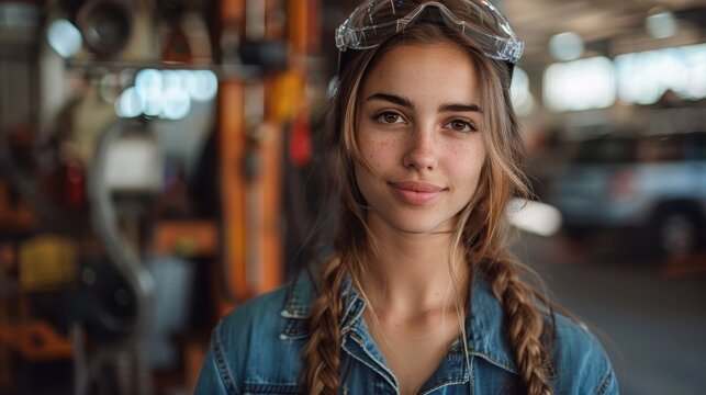 A young woman mechanic dressed in denim attire smiling inside a workshop, representing the blend of skill and modernity in technical professions.