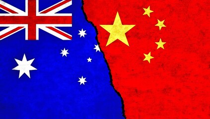 China and Australia flag together on wall. Australia China relations, economy, friendship, conflict, trade concept. China vs Australia