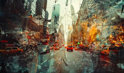 Abstract cityscape fractured into shards, urban chaos frozen in fragmented time