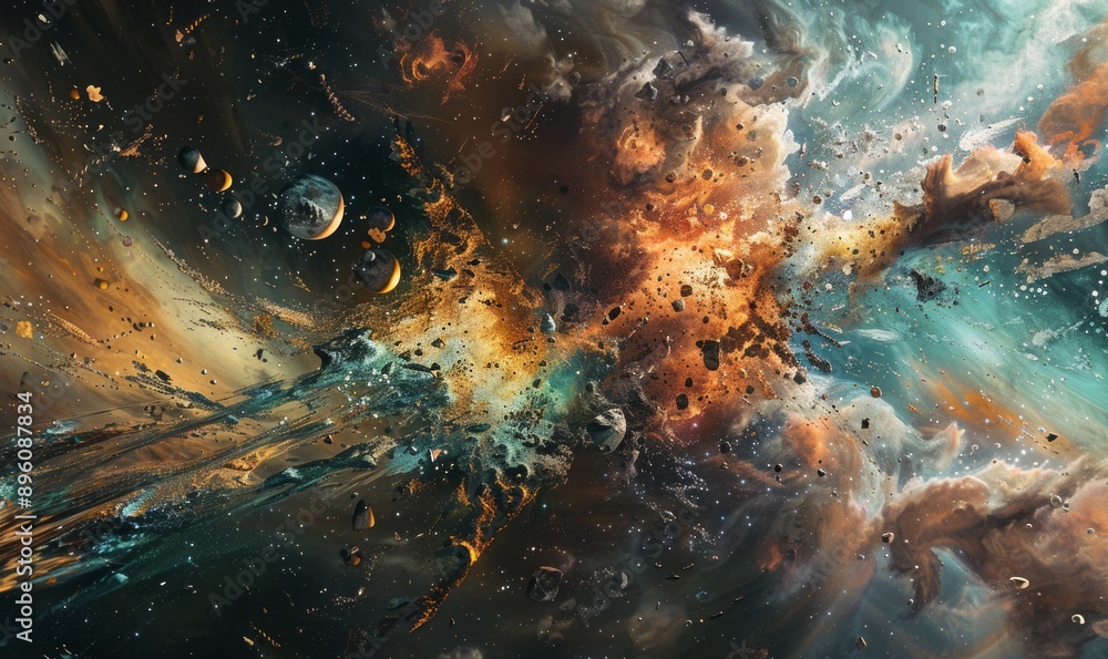 Poster artistic painting of fractured space-time, cosmic elements in abstract disarray