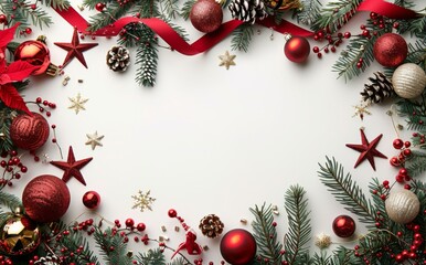 Christmas background with red and gold decorations, pine branches, and festive ornaments