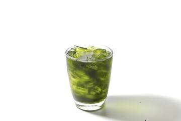 Pictures of ice green tea and powder green tea serving on  white background and isolated concept.
