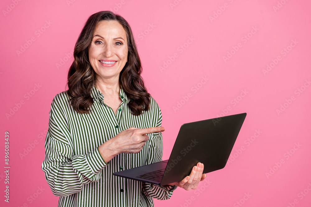 Sticker photo of nice aged woman point finger laptop wear striped shirt isolated on pink color background